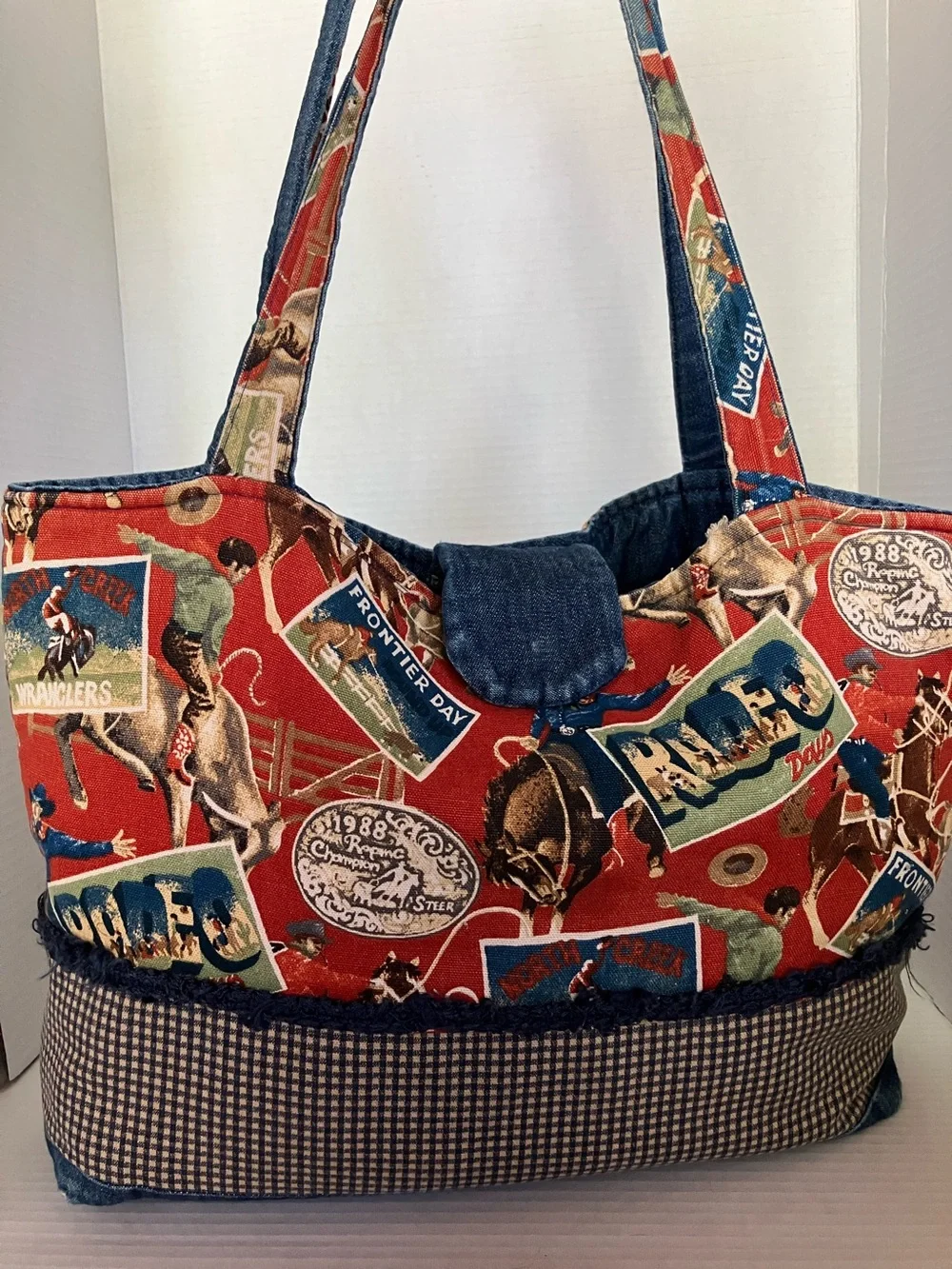 The Neat Vtg Western‎ Print Red Fabric Tote Bag with Denim Trim 17x13” Wyoming